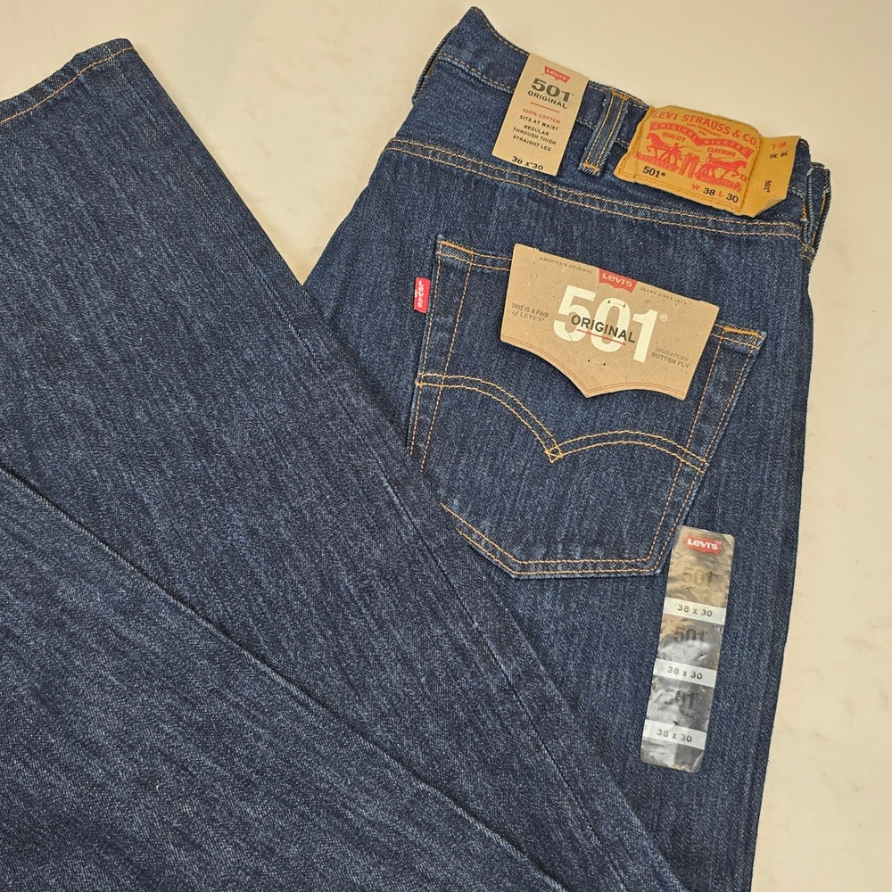 Levis 501 Original Fit Mens Jeans 38x30 Dark Indigo Blue Denim NWT